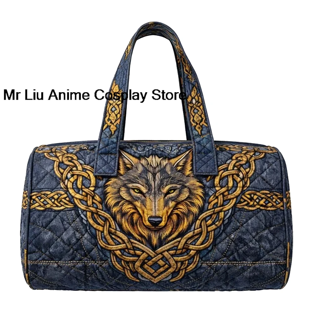 3D Celtic Wolf Print Quilted Duffle Bag Dark Blue & Gold Norse Travel Tote Sports Gym Bags Women Men Weekender HandBag
