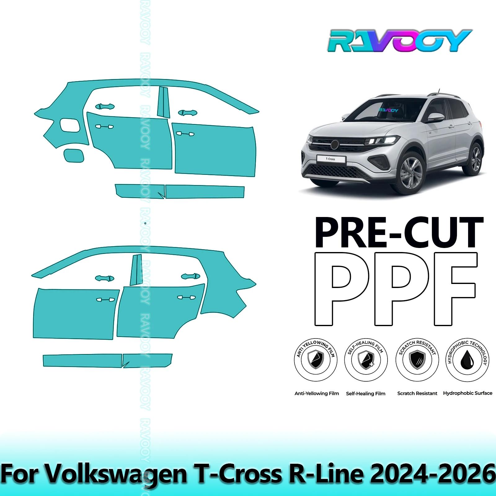 

For Volkswagen T-Cross R-Line 2024-2026 8.5mil Clear Matte Pre-Cut PPF Door & A/B Pillar Kit TPU Paint Protection Film Set