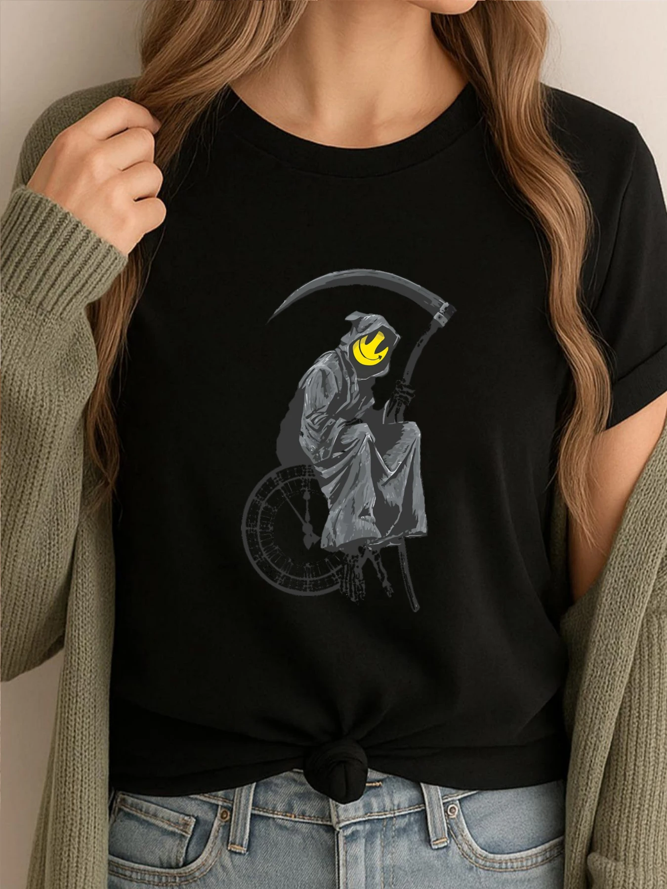 

Banksy Grim Reaper Clock Anime T Shirts Custom T Shirt Women Vintage Tees High Quality Printed Clothes