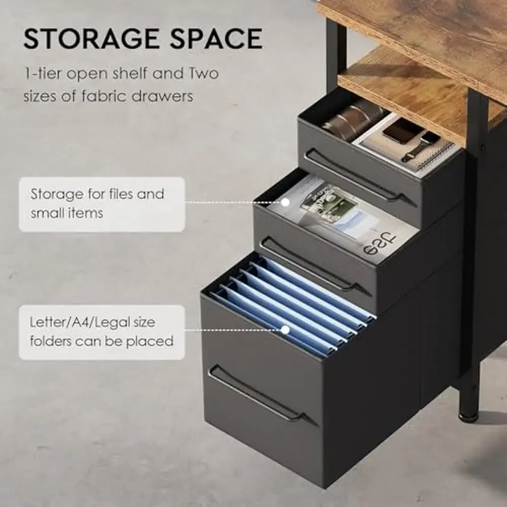 Writing Desk with Drawers and Storage Shelf Adjustable Metal Frame Compact Computer Office Desk Rustic Brown Wood Surface