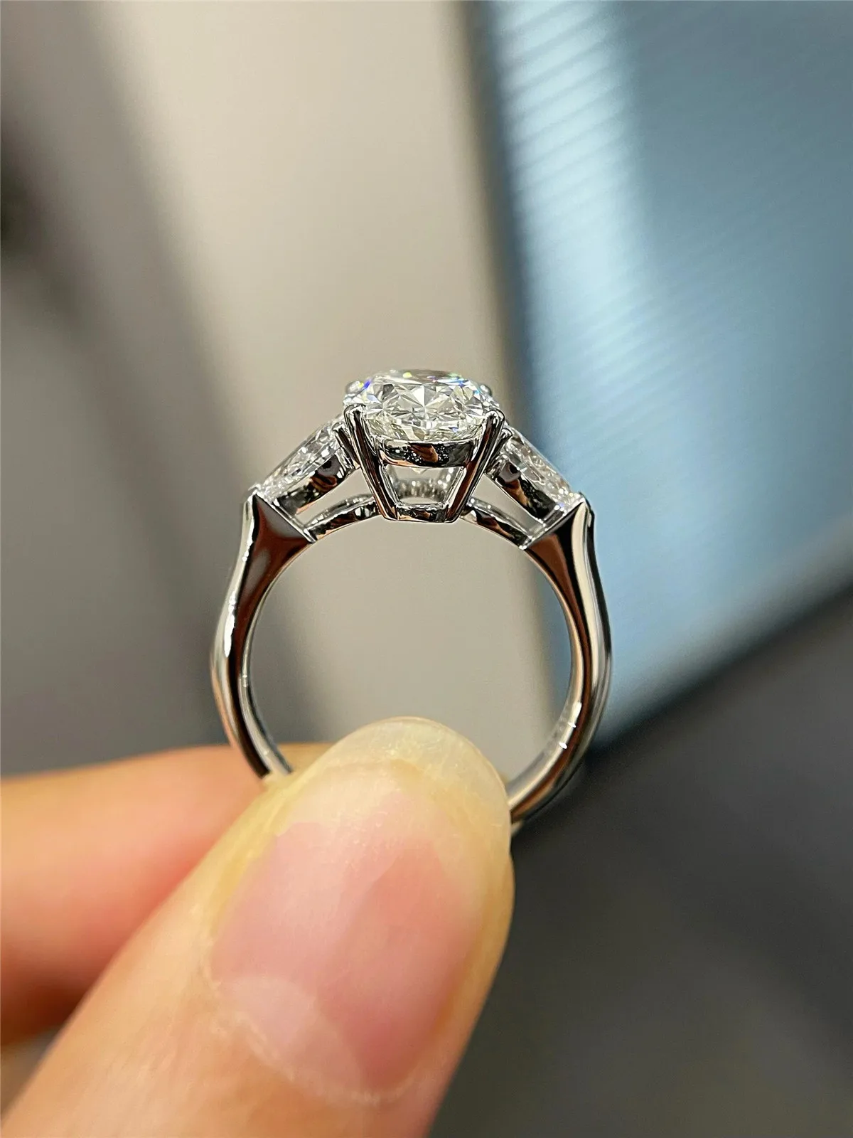 PT950 Platinum Diamond Ring with Lab-Grown 3CT Oval Three-Stone Pear-Shaped Diamond, 14K Gold Wedding Ring, High-End Jewelry Cus view 5
