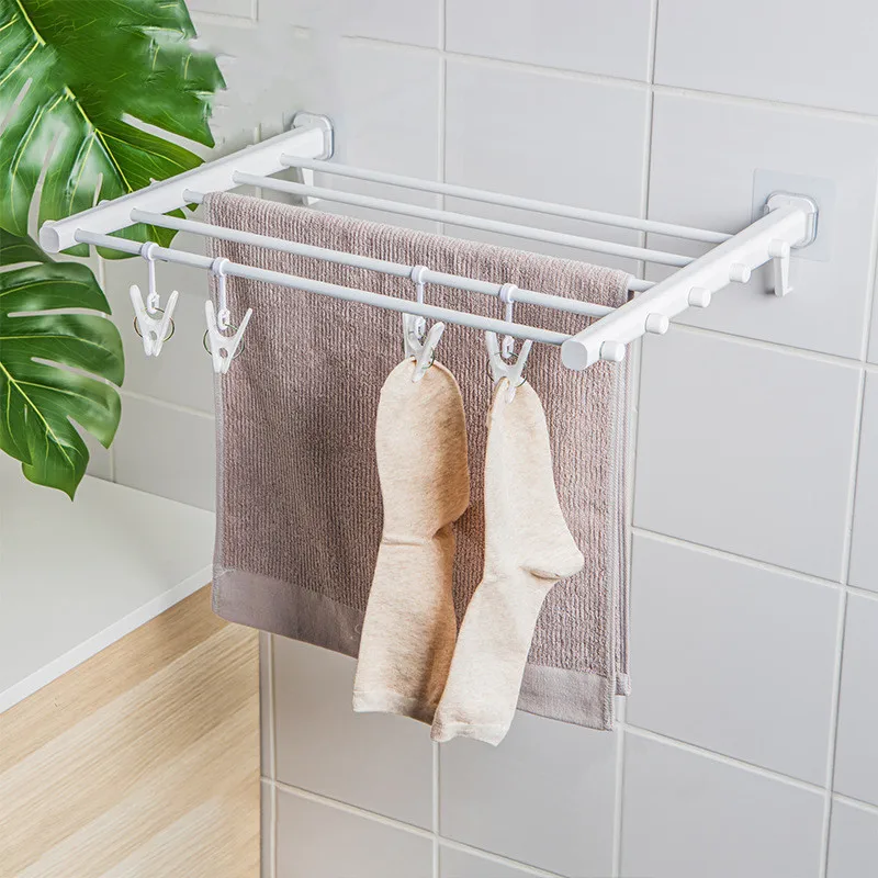 New Indoor Bathroom Folding Towel Bar Non-Trace Tape with Sock Clip Balcony Simple Telescopic Invisible Drying Rack Organization