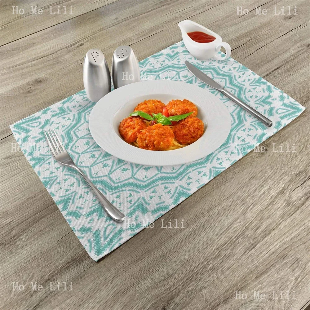 Aqua Mandala Tie Dye Effect Floral Leaves Seem Design Image Art Print Fabric Placemats For Dining Table Decor