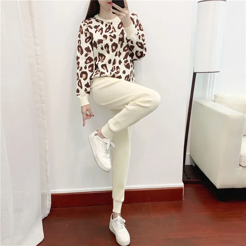 Imagem -05 - Nova Primavera Leopardo Impresso Malha Dois Peice Terno Feminino Manga Longa O-pescoço Camisola Topos Mais Cor Sólida Harem Calças Casual Agasalho