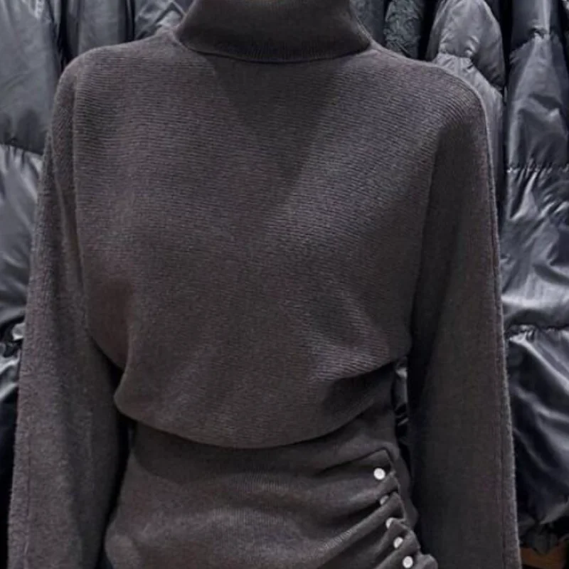 طالب الكرتون ملابس النساء عادية محبوك سترة الخريف الشتاء عالية الرقبة الجانب الطية تصميم بلايز 25 نمط جديد عصري #6