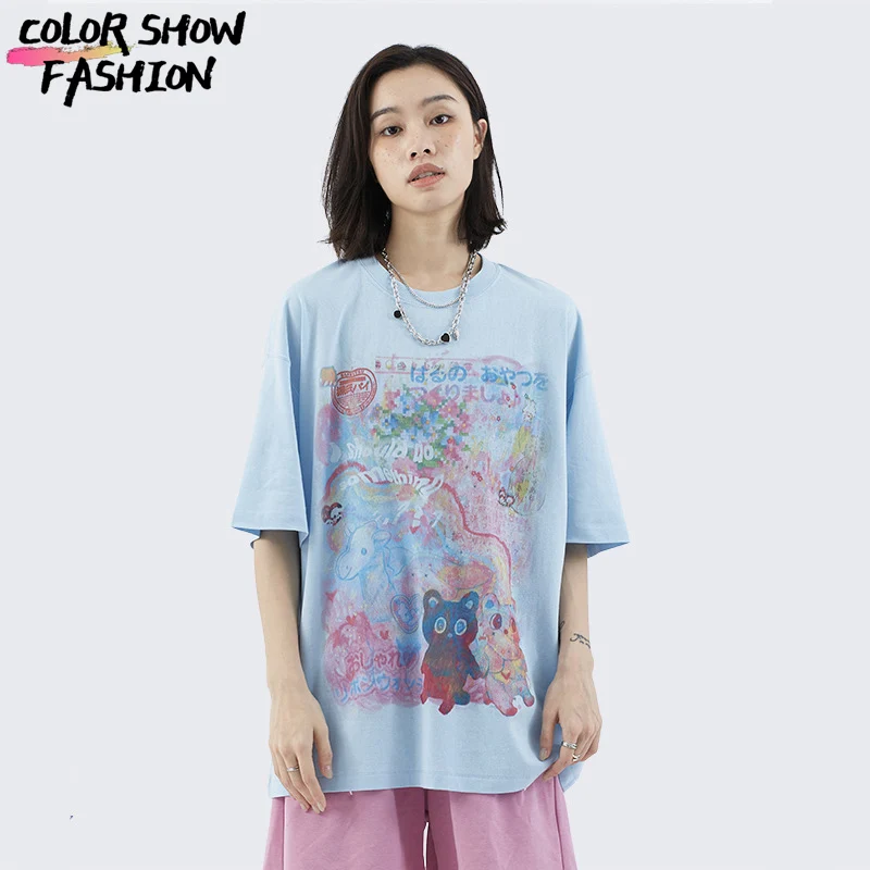 2023 Summer New Cartoon Printed T-shirt Oversized Casual Loose Cute Women\'s Cotton Short-Sleeved T-shirt