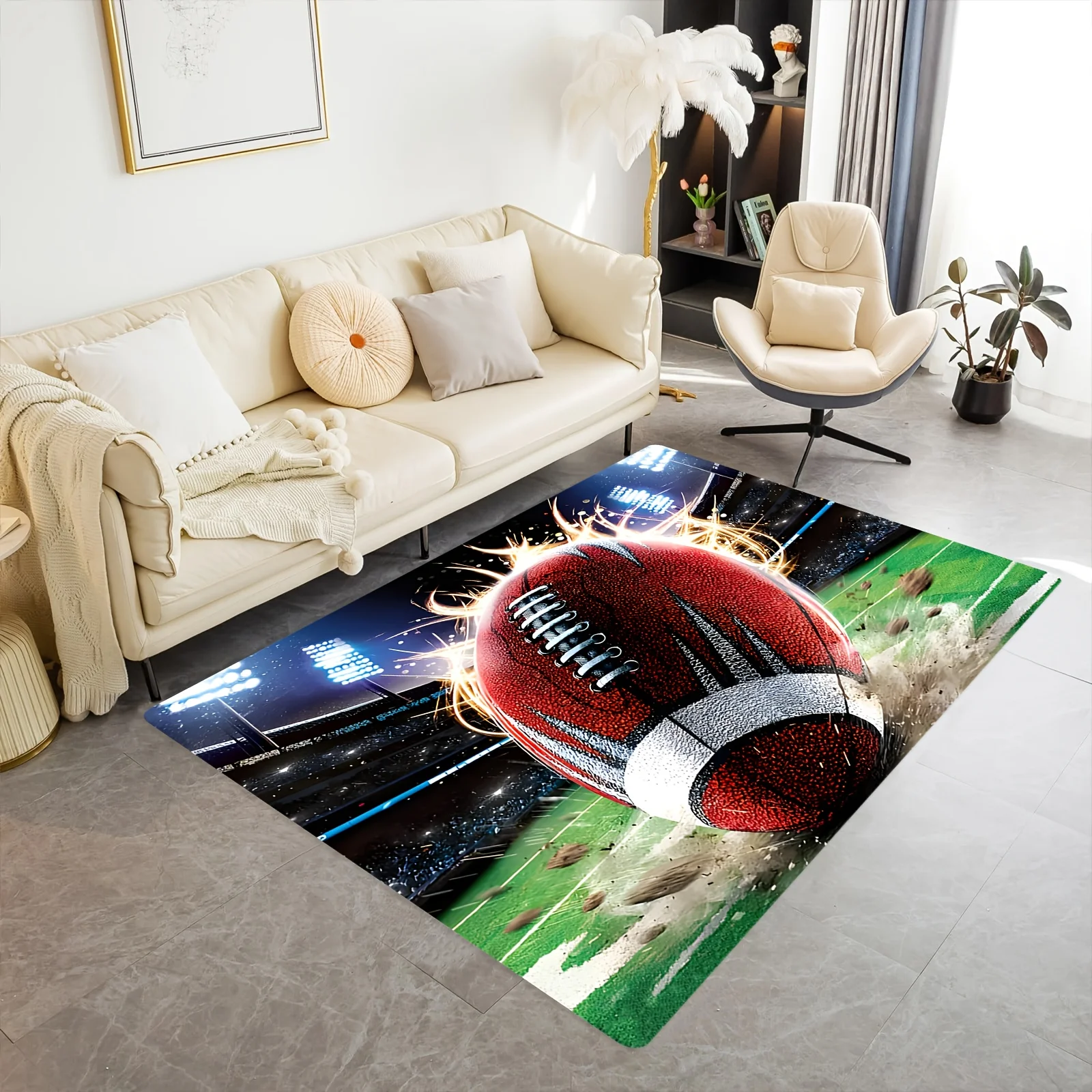 1pc Premium Flannel Rug | Football Field Descending Ball Pattern, Machine Washable, Suitable for Living Room, Bedroom, Kitchen,