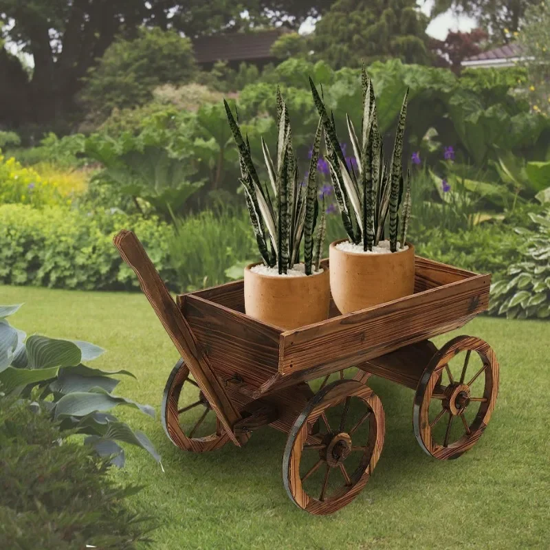 New Design Wood Flower Planter Station Garden Wagon Decor with Wheels Raised Garden Bed Planter Box For Outdoor Backyard Balcony