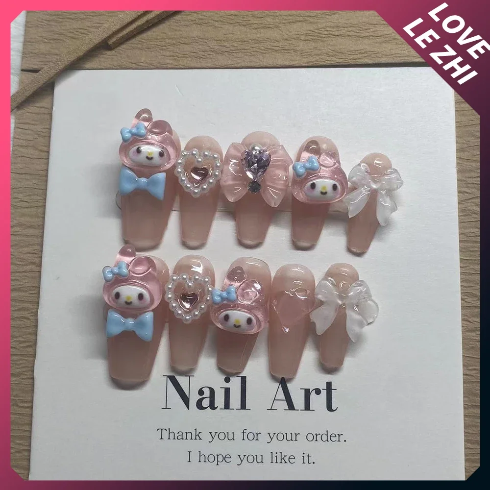 Sanrioed Hawaii Hello Kittys My Melody Handmade Press On Nails Diy Design Cute 3D Kuromi Short Ballet Bow Art Fashion Fake Nail