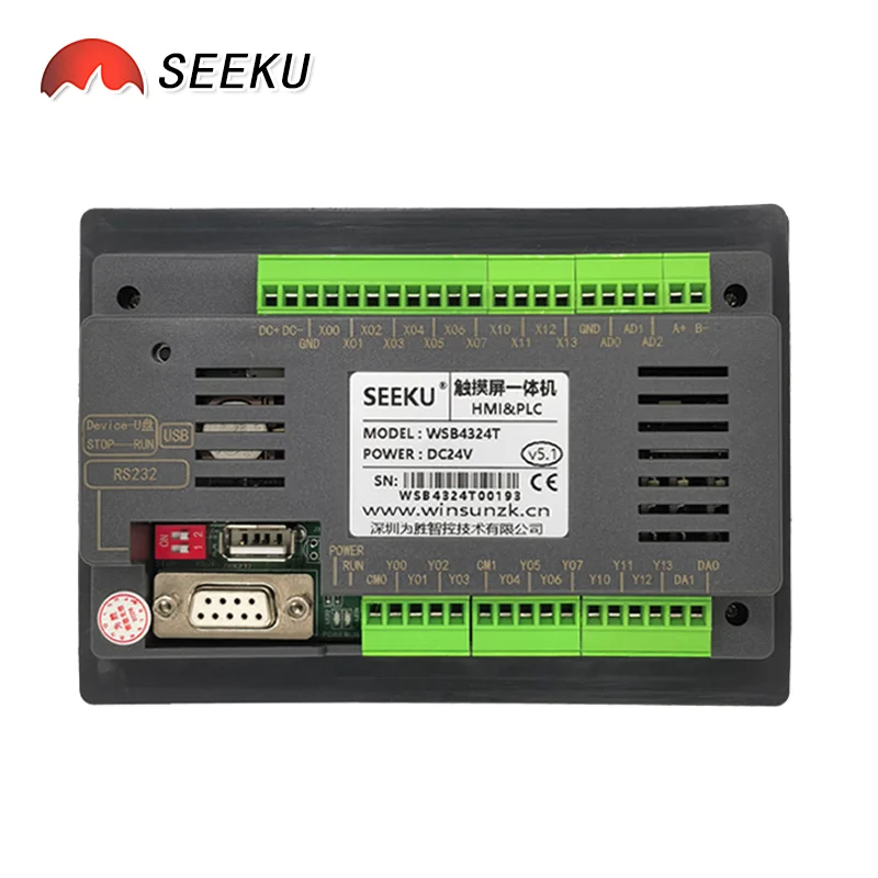 SEEKU 4.3 inch HMI PLC All In One Transistor 12 In 12 Out High-speed I/O 4-20MA Analog MODBUS 2CH PT100 K Type PID Optional