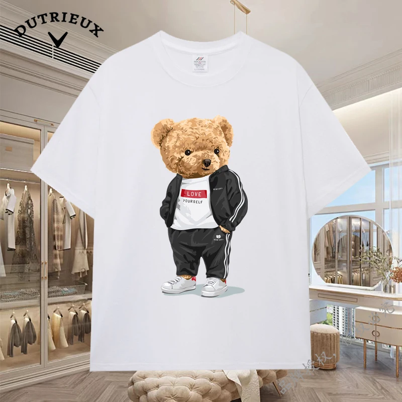 

2024 New Luxury Bear Short Sleeved Men's and Women's Loose 230g Fabric weight Cotton Versatile Round Neck Breathable Inner Layup