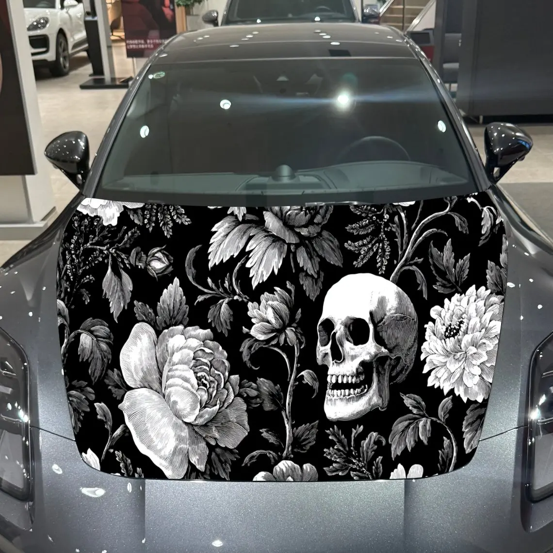 Car Decal Skull with Monochrome Floral Artistic Background & Mystic-Classic Gothic Macabre Style Car Hood Sticker, Waterproof Se