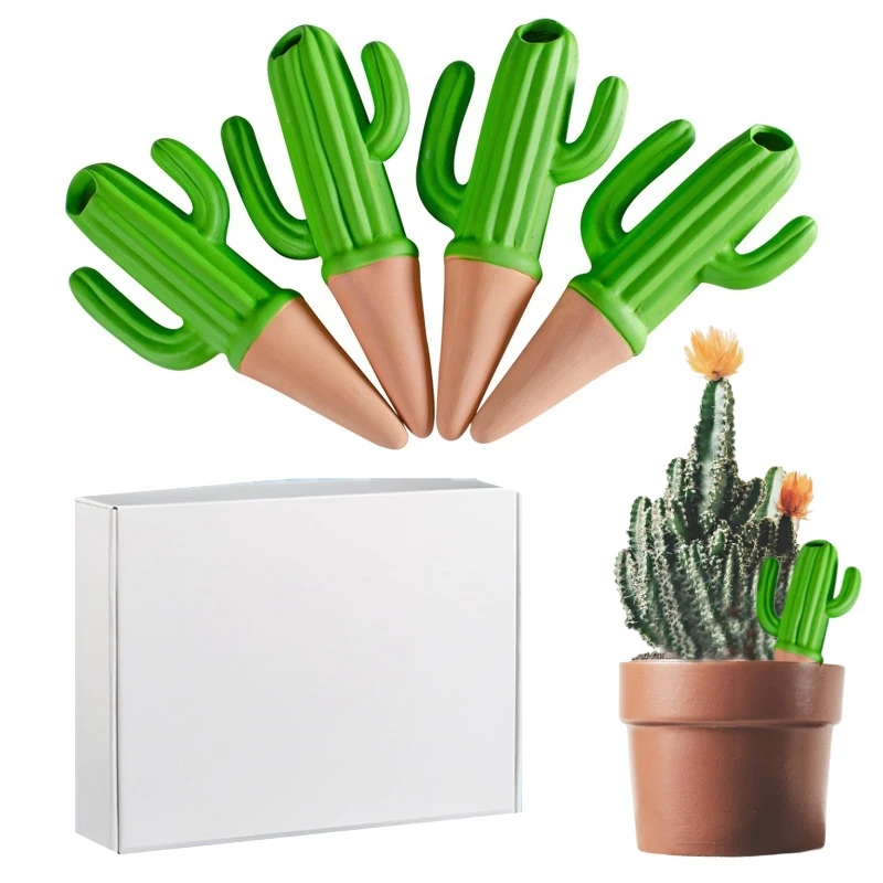 4PCS Terracotta Self Watering Stakes Cactus Shape Self Watering Globes Plant Watering Stakes Drip Irrigation Watering Devices