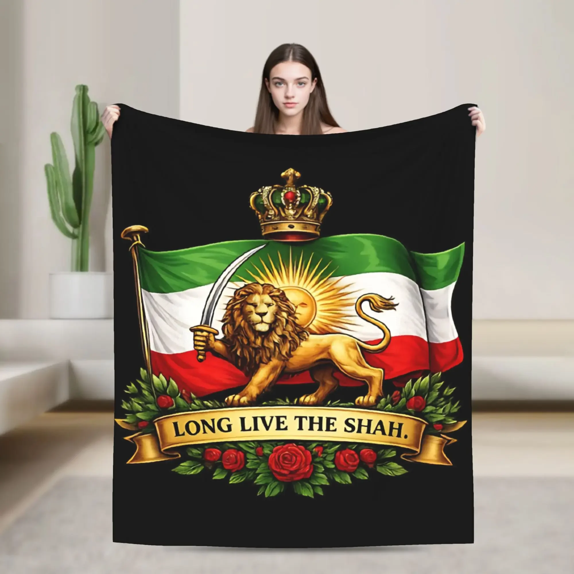 Persian Empire Long Live The Shah Flag Throw Blanket Tapestry Royal Lion Design Gift Home Decor