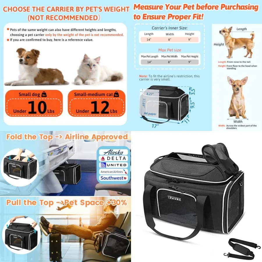 

Top-Expandable Pet Carrier 17x11x9.5 Inch Alaska Airline Approved, Soft-Sided Carrier for Small Cats and Dogs with Locking Safe