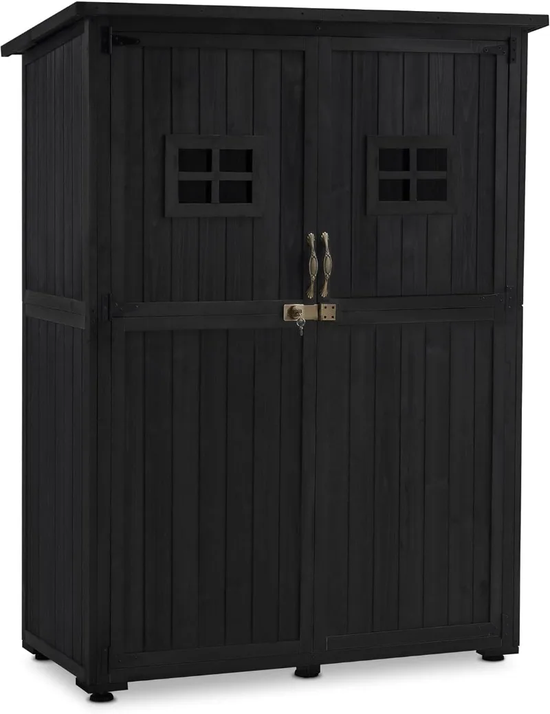 

Large Wooden Outdoor Storage Cabinet with 2 Shelves, Oversize Garden Storage Shed with Lock, Tool Shed for Patio Yard Law