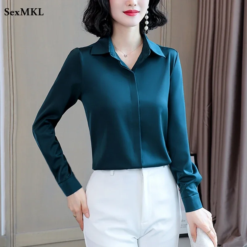 Women Silk Office Shirt 2024 Fashion Long Sleeve Casual Female Tops Elegant Ladies Vintage White Satin Blouses Shirts Oversized