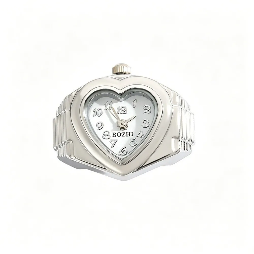 Stainless Steel Mini Finger Watch Adjustable Elastic Strap Mini Clock Ring Watch Heart Shaped Quartz Movement