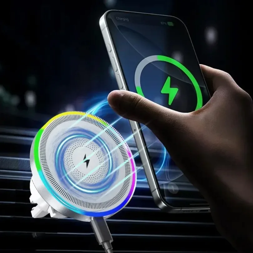 RGB Light Car Magnetic Wireless Charger Phone Holder Air Vent Stand For Magsafe iPhone 16 15 14 13 12 Pro Max Fast Charging Dock