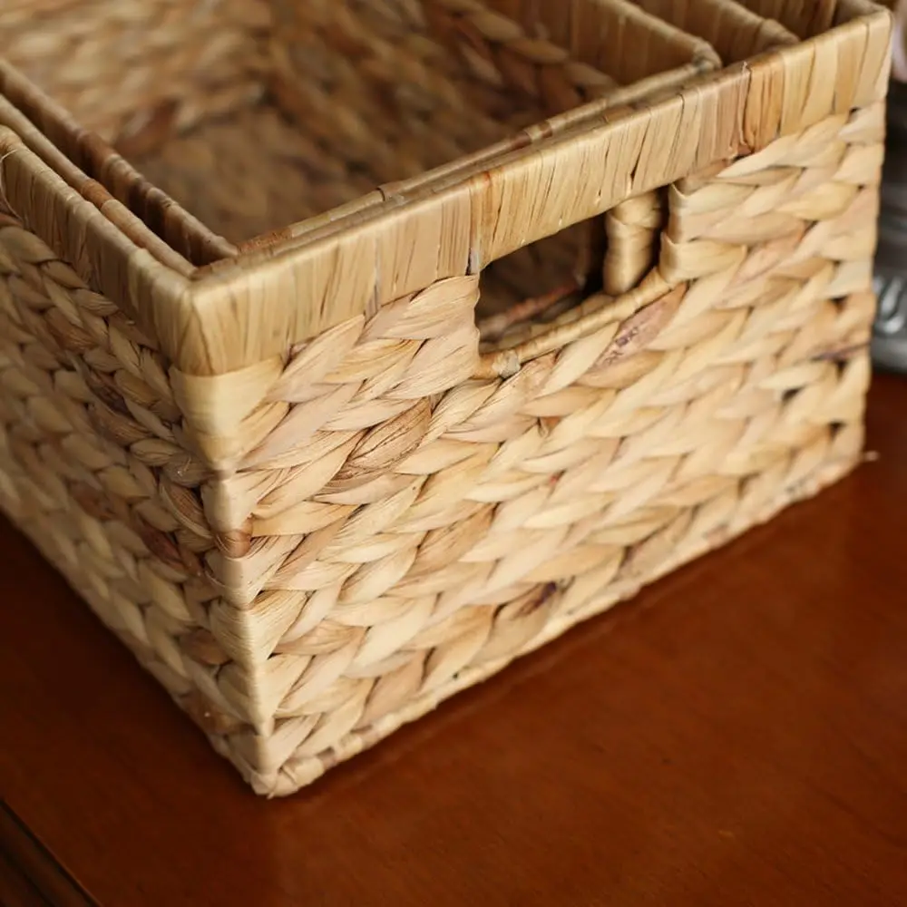 Handwoven Water Hyacinth Rectangular Storage Basket with Inside Handle, Large Size for Home Organization