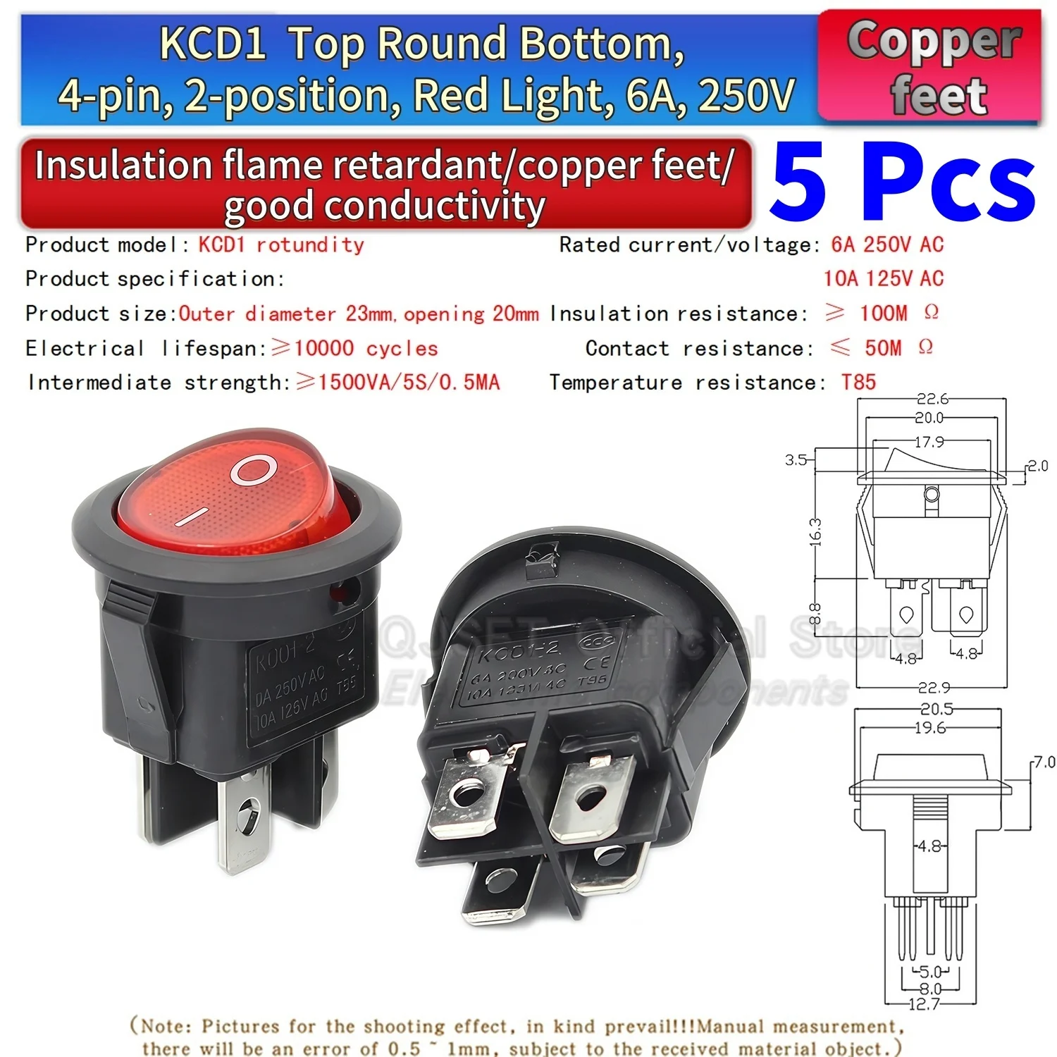 5 Stück KCD1 EIN-AUS-EIN 2/3/4-Pin 2/3-Positionen Einrastbarer 6A 220V Grüner Roter LED Runder Wippschalter für Haushalt DIY Ersatz – Detail 25