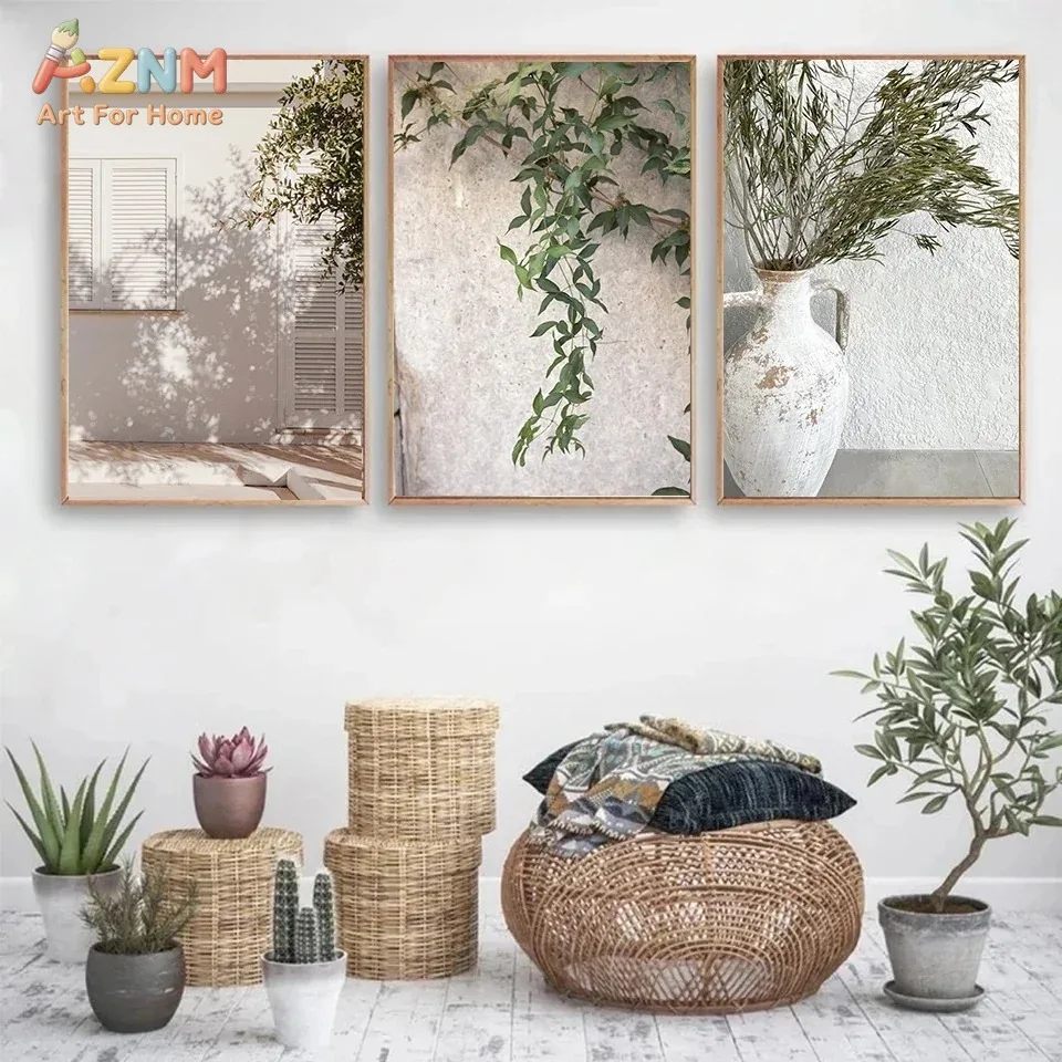 AZNM Neutral Mediterranean Botanical Canvas Print Green Vine Olive Branch Vintage Vase Sun Shadow Minimalist Boho Unframed Wall