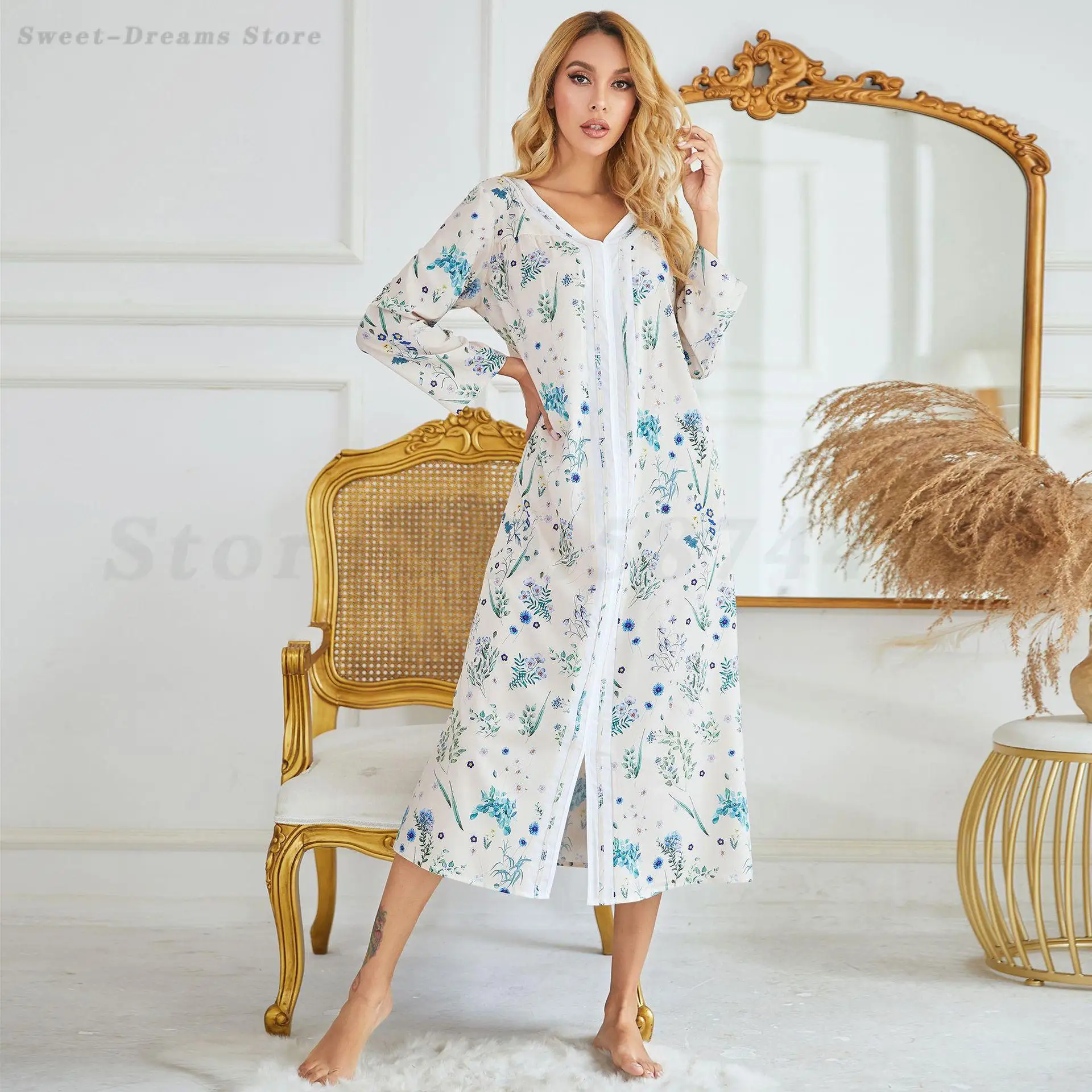 Female Printed Nightgown Spring Autumn Muslim Sleepwear Robe Sexy V-Neck Nightdress Loose Casual Home Clothes Loungewear Gown