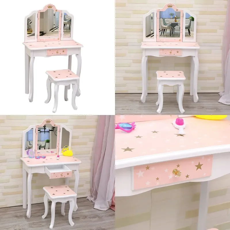 Nordic Pink Kids Dresser with Star Pattern Multifunctional Makeup Table for Bedroom Children Furniture