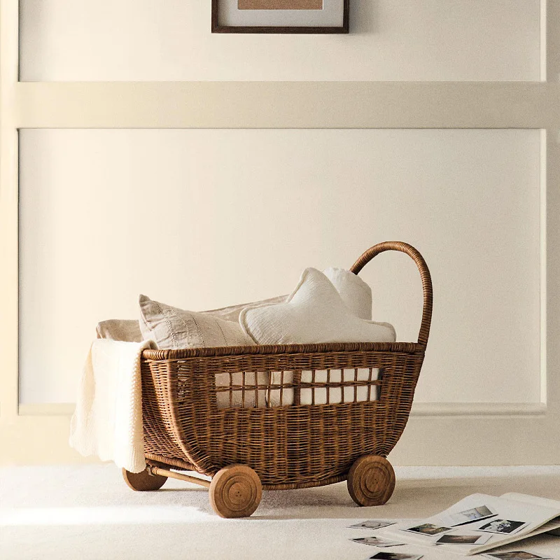Baby Walker Pull Cart Prop Rattan Push Cart Children's Pretend Play Toy First Birthday Gift Photography
