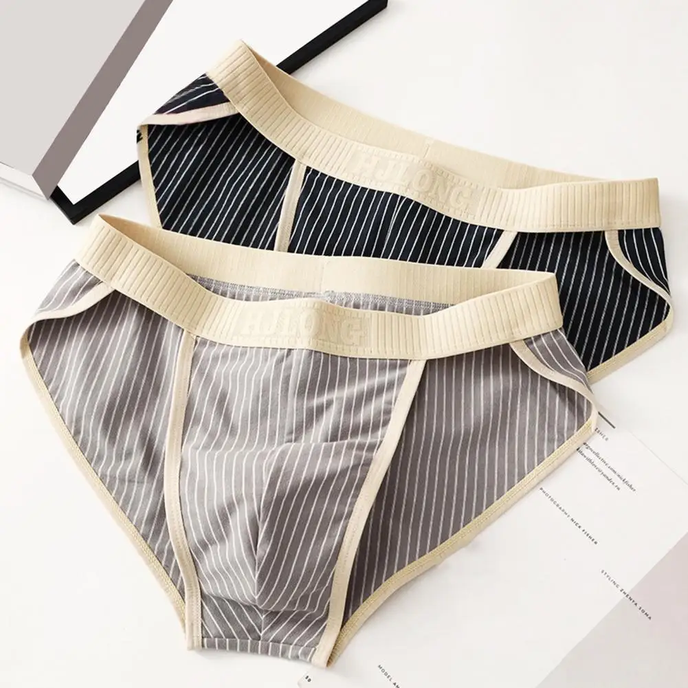 Men Briefs Low-rise Elastic Waistband 3D Bag Design Panties Striped Print Soft Breathable Underwear Daily Wear 95