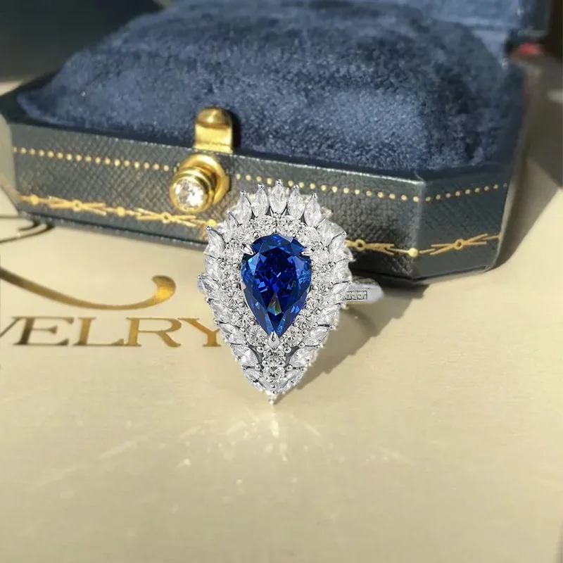 S925 Silver Ring European and American New S925 Pure Silver 8 * 12 Water Drop Royal Blue Pear Fashion Luxury Set Women's Ring