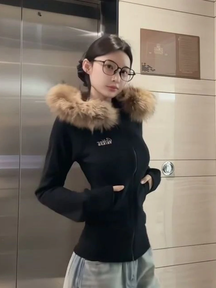 

Harajuku повседневное меховое лоскутное пальто с капюшоном женское Y2k эстетическое письмо облегающая толстовка уличная одежда в стиле гранж на молнии винтажные толстовки