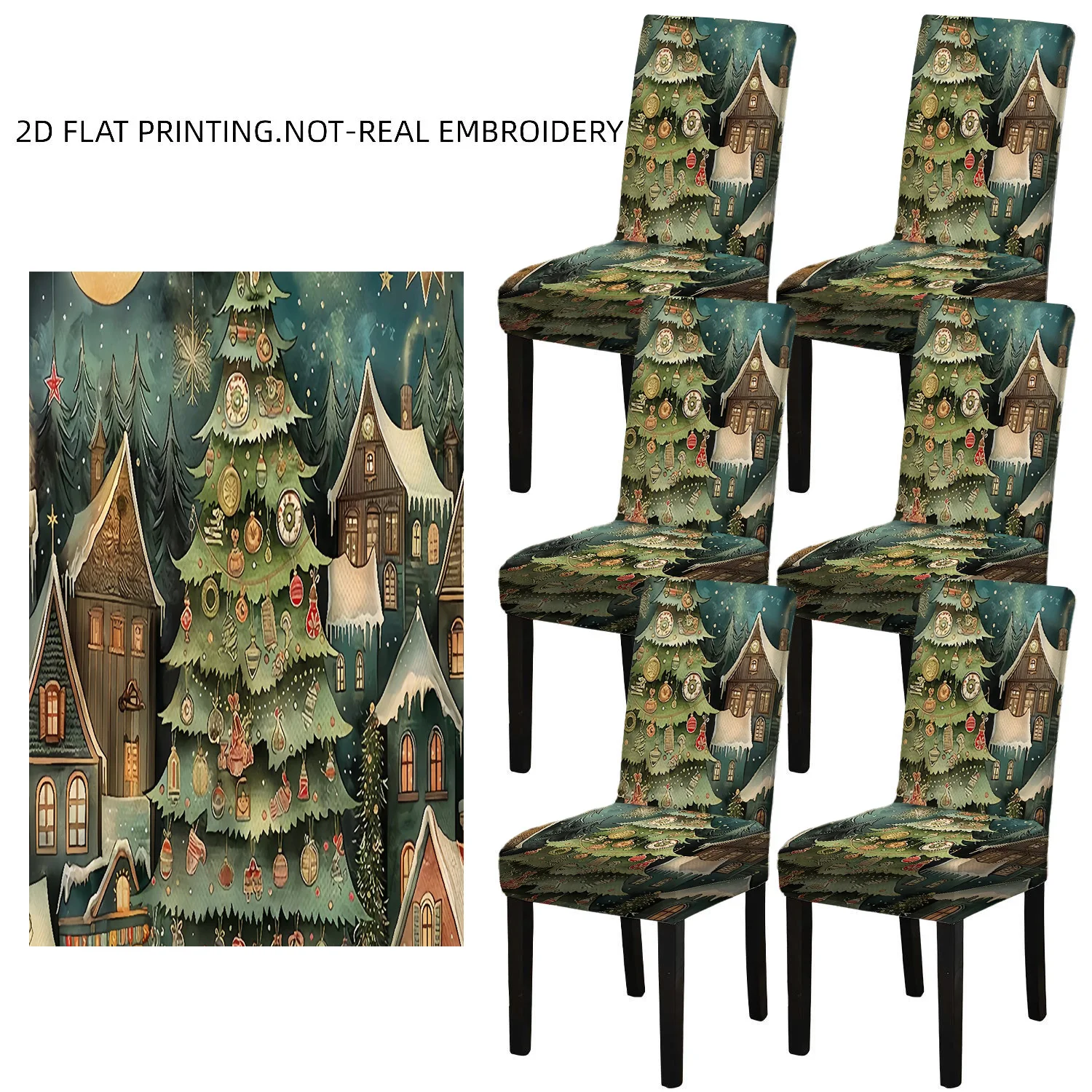 Gift‑laden Christmas Tree Town Elastic Dining Chair Covers, 2/4/6PCS 2D Flat Printed Christmas Holiday Decoration Chair Covers
