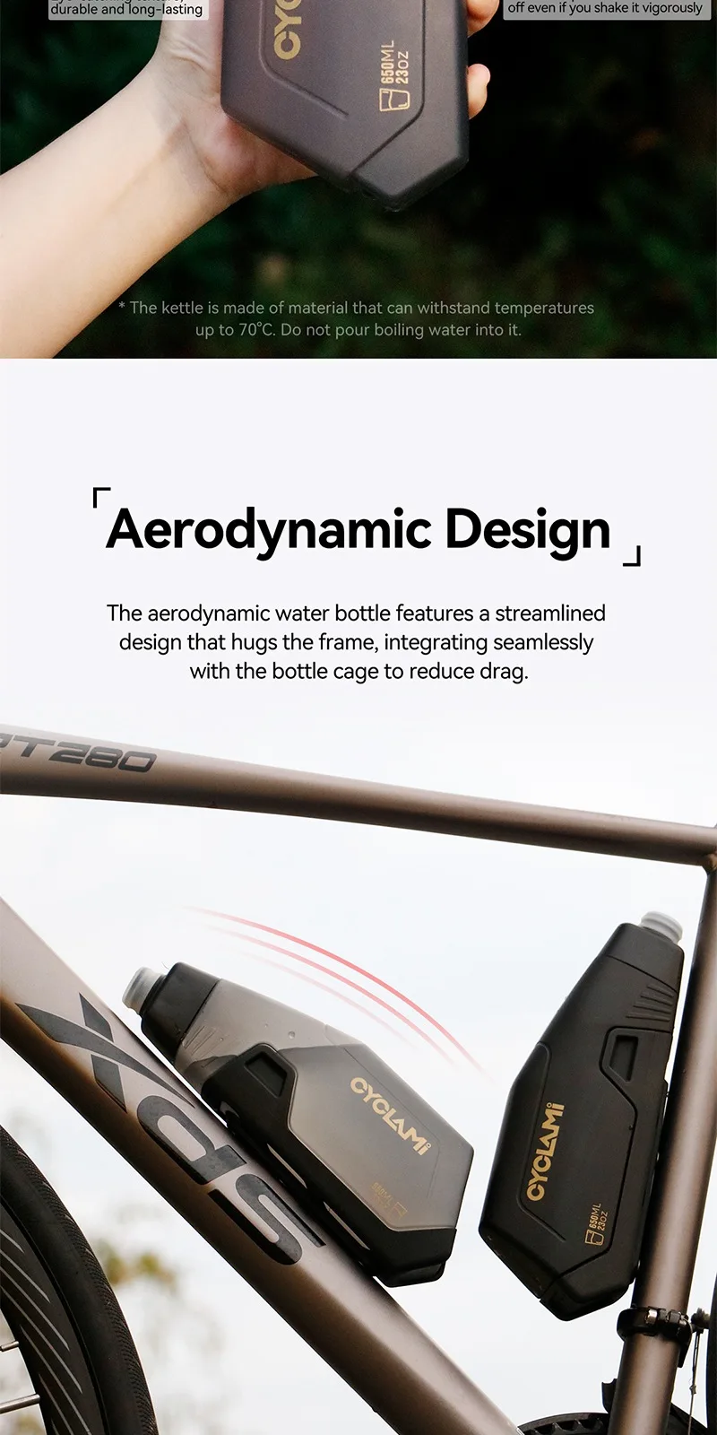 CYCLAMI 650ml Aerodynamisches Fahrradflaschenhalterungsset PP5 Quetschbare Fahrradflasche mit Silikondeckel für Rennrad und Mountainbike-Rahmen – Detail 4