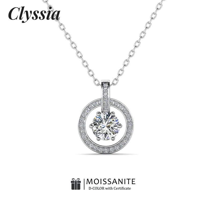 

CLYSSIA D VVS1 1ct Moissanite Circle Pendant with GRA 925 Sterling Silver 18k White Gold Plated Necklace Fine Jewelry Collection