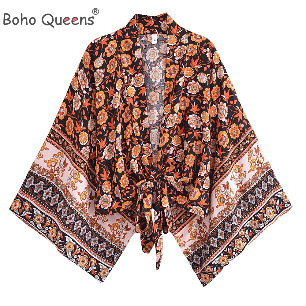 Boho Queens Women Fashion Beach Kimono Short Robe Swimsuits Floral Batwing Sleeves Rayon Bohemian Bikini Cover Ups Beachwear