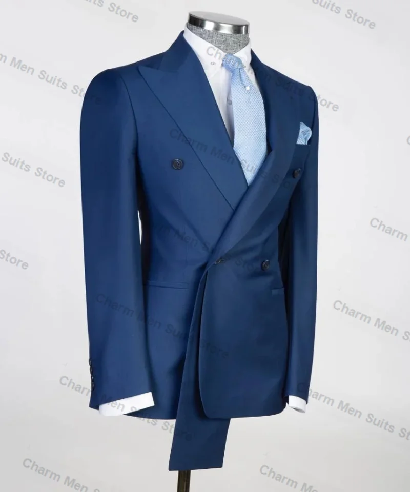 Traje de negocios azul para hombre, conjunto de 2 piezas, Blazer + Pantalones, esmoquin de boda, chaqueta Formal de algodón para novio, oficina, graduación, abrigo de negocios