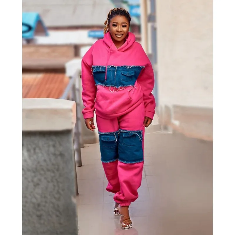 

2 Piece Women Set Dashiki African Clothes Spring Autumn New Fashion Long Sleeve Denim Top And Pants Suit Party Matching Sets