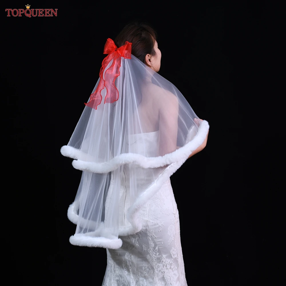 TOPQUEEN V256 Christmas Red Veil Wedding 2-Layer Fur Edge Party Gift Covered Blush Fingertip Off-White Bridal Veil Accessories