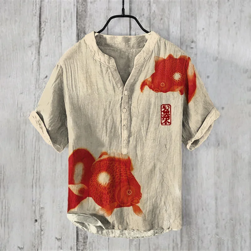 Chinese mascot Chinese dragon print pattern antique Hawaiian shirt cross-border men's linen V-neck short-sleeved shirt