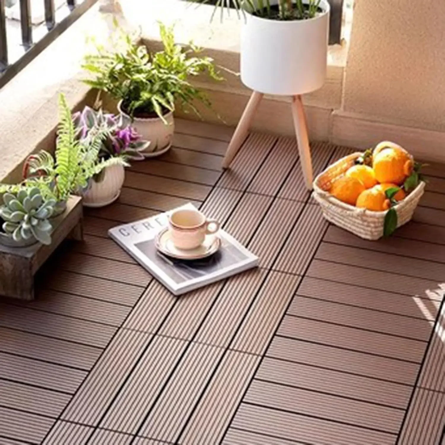 Patio Decking Outdoor Composite Plastic Wood Flooring, Square Interlocking Floor Tiles, DIY Plastic Wood Garden Flooring(Light B
