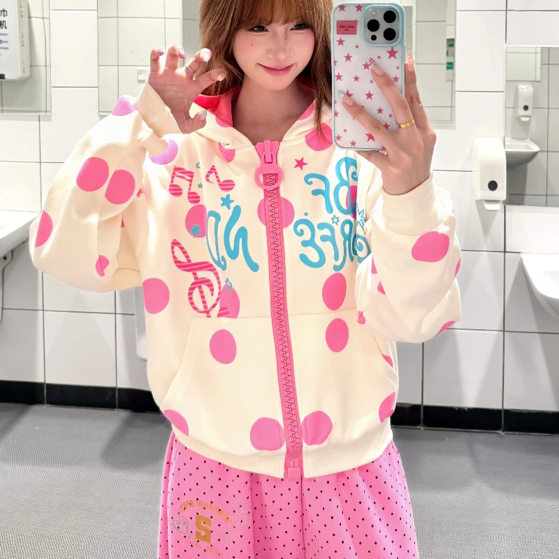 Women Y2K Cute Pink Polka Dot Zip Up Hoodie Trendy Music Note Letter Print Loose Long Sleeve Harajuku Sweet Casual Hooded Jacket