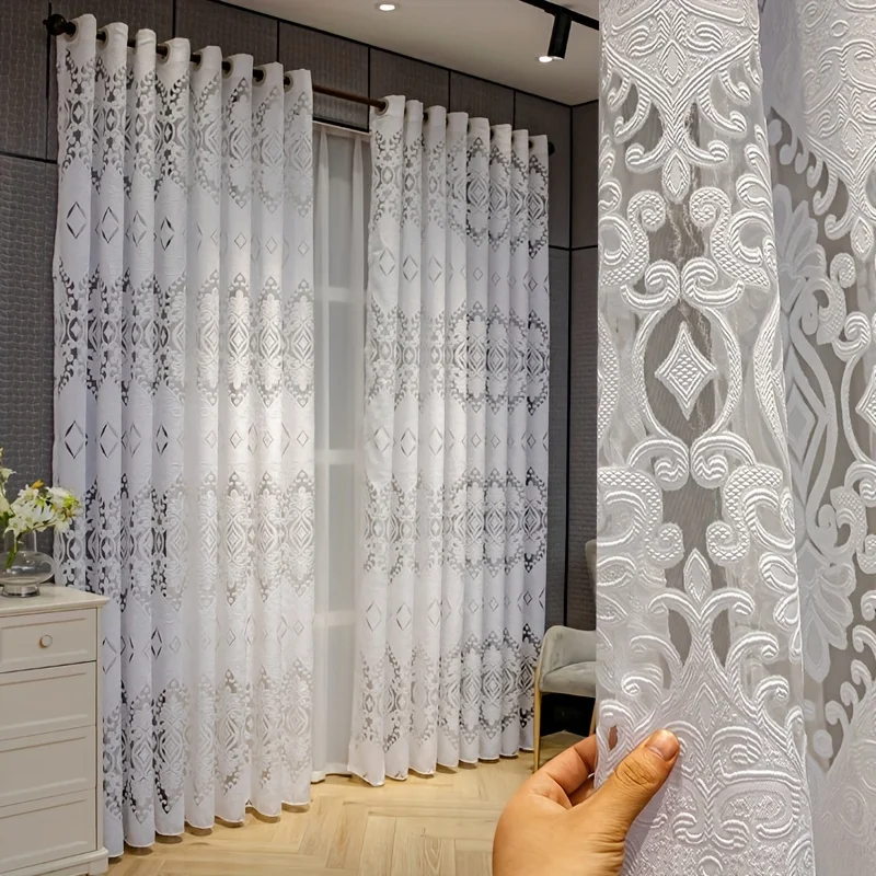 1pc White Hollow Embossed Sheer Curtains, European Court Pattern Light Filtering, Modern Luxury Drapes for Living Room Bedroom