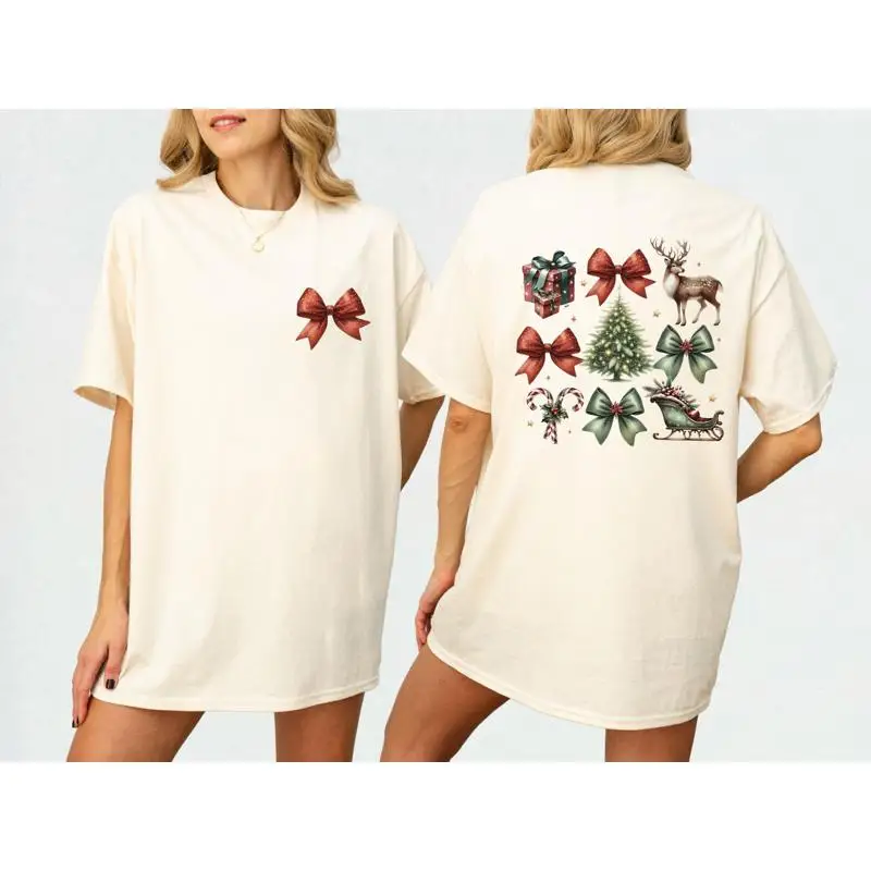 

Футболка с красным бантом Coquette, рождественская модная футболка с бантами, рождественская елка, вечерние женские костюмы с карманами на спине