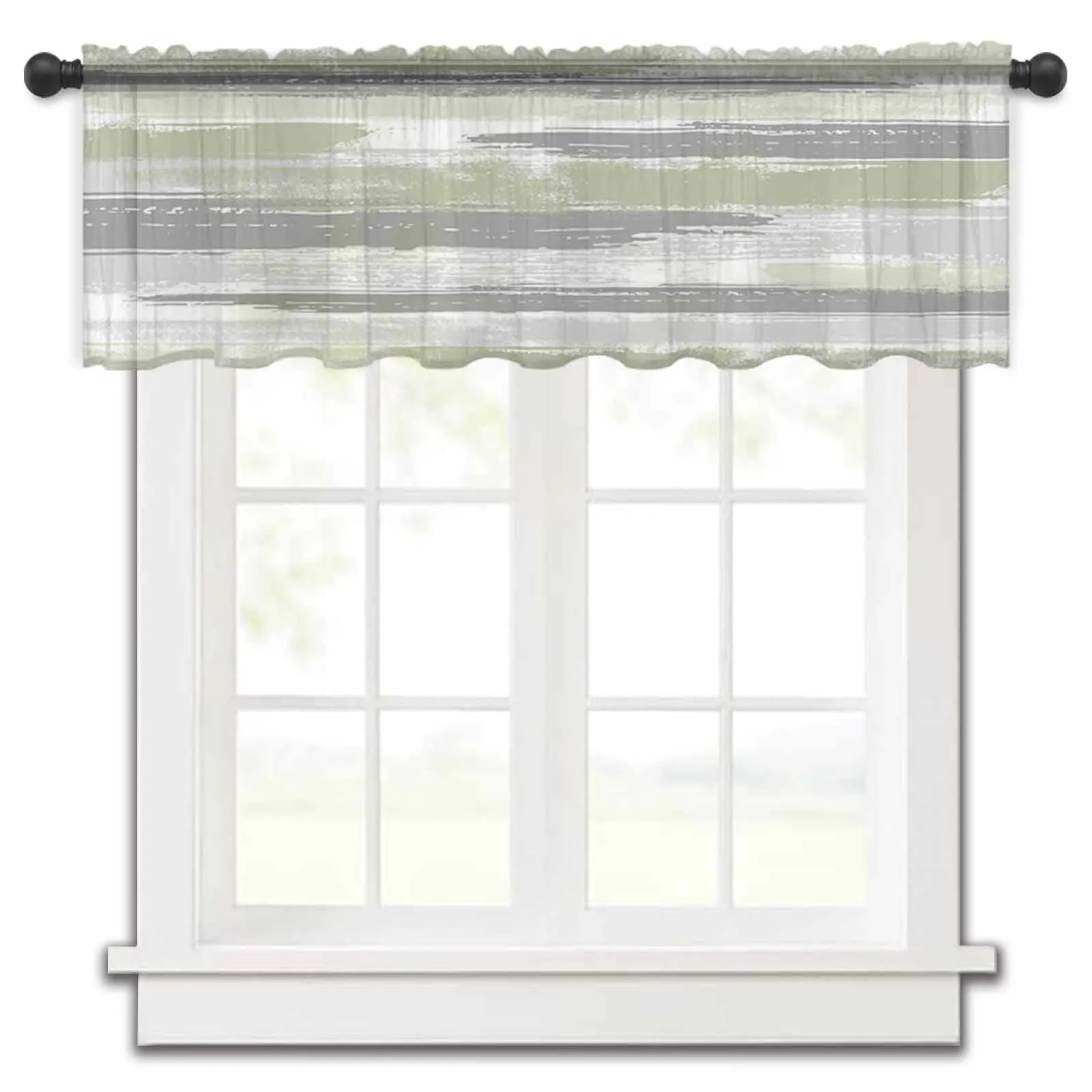 Geometric Paint Mouse Grass Green Gray Small Sheer Window Curtain Tulle Short Curtain Home Decor Kitchen Voile Drapes