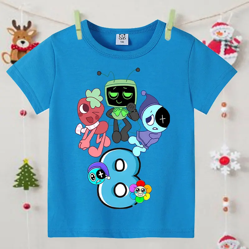 Dandy's World Blue T-shirts for Children Anime Cartoon Fashion Short Sleeved Shirt Boys Girls Summer Kawaii Top Kids Clothes