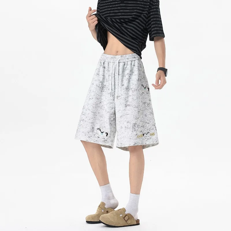 Men Washed Tie Dye Bermuda Shorts Cartoon Horse Embroidery Letter Print Drawstring Elastic Waist Loose Knee Length Street Shorts