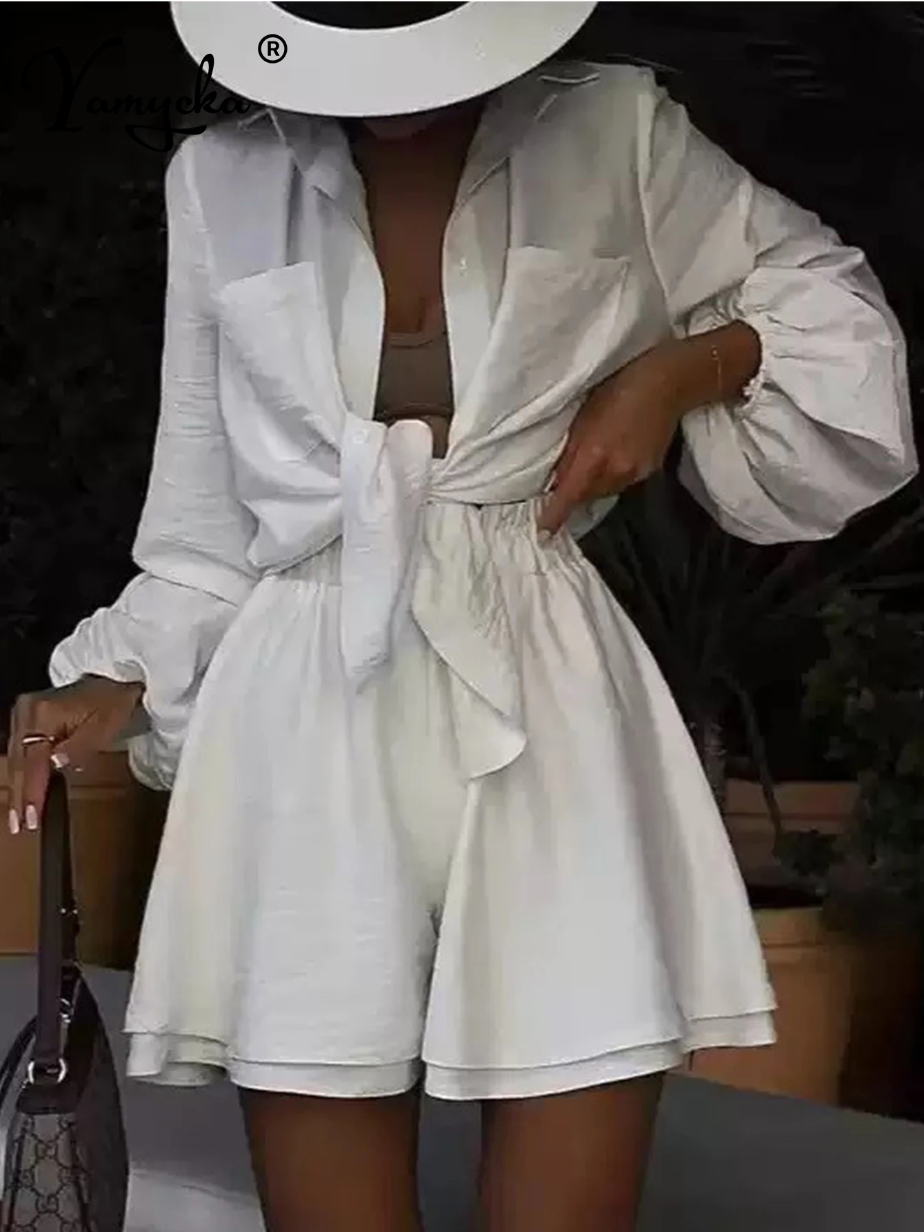 

Sexy white ruffles shorts jumpsuit women summer rompers jumpsuits woman clothes long sleeve shirt and short pants sets playsuit