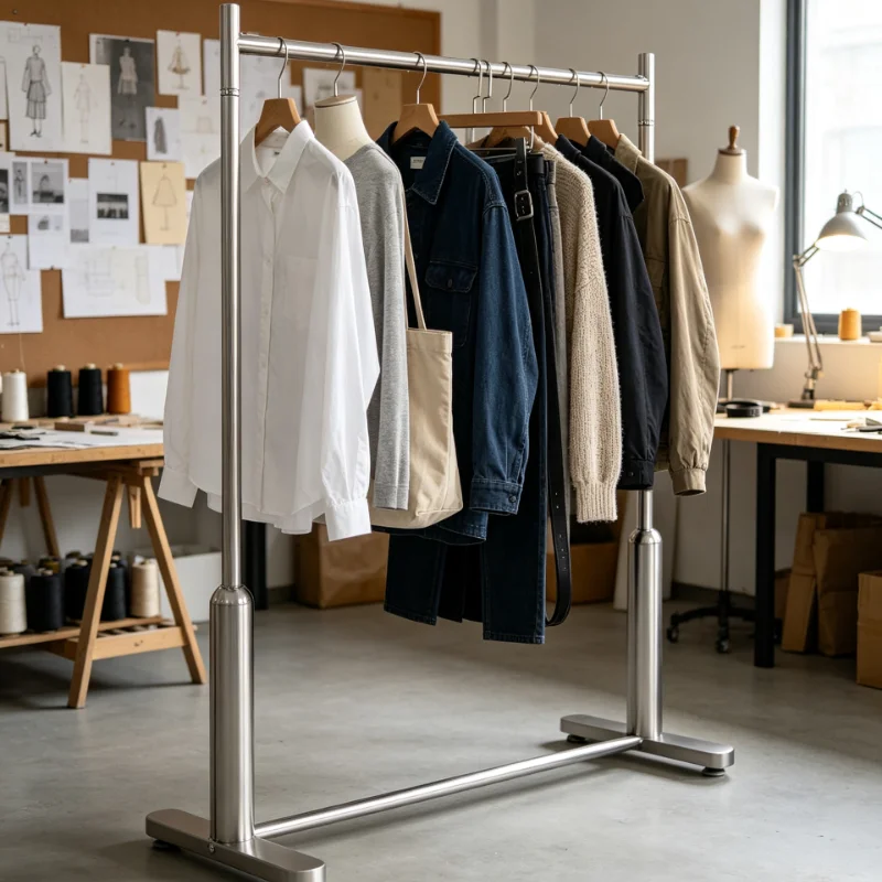 Luxury Stainless Steel Garment Rack 130cm 150cm Display Shelf Anti Slip Stable Feet For Clothing Store Retail And Home Use