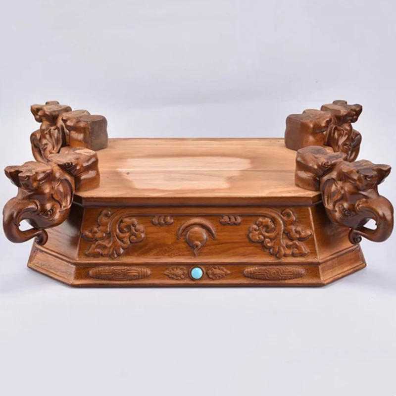 Tibetan-Style Solid Wood Fruit Plate,Bead Inlay and Heavenly Bead Design, Elephant-Foot Base Home Offering Basket, Storage Tray